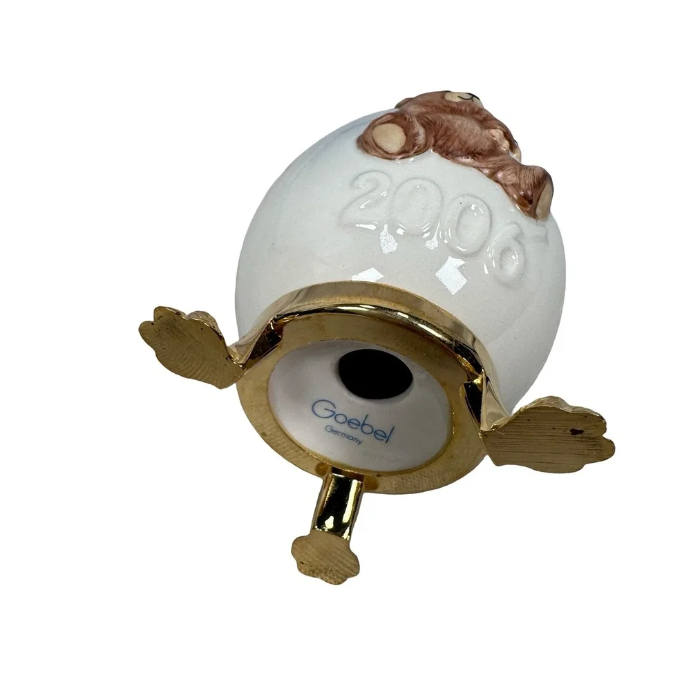 Goebel 2006 Porcelain Teddy Bear‎ Egg Figurine with Gold Tone Stand Germany